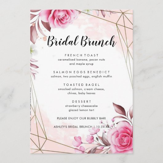 Rosy Blush Floral Bridal Brunch Menu (Voorkant)