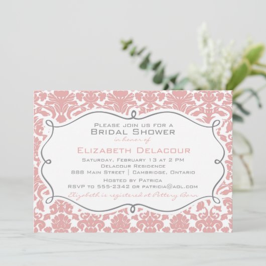Rosy Brown Damask Pattern Bridal Shower Kaart (Staand voorkant)