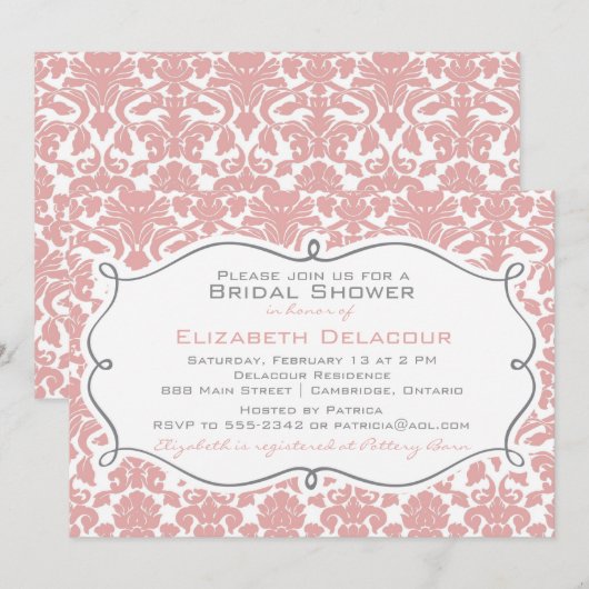 Rosy Brown Damask Pattern Bridal Shower Kaart (Voorkant / Achterkant)