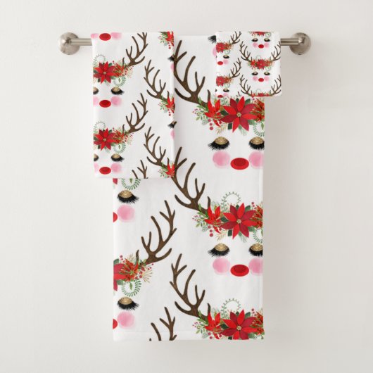Rosy Cheeks Gold Eyes Floral Reindeer Holiday Bad Handdoek (Insitu)