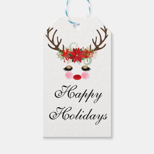 Rosy Cheeks Gold Eyes Floral Reindeer Holiday Cadeaulabel (Voorkant)