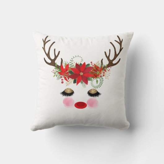 Rosy Cheeks Gold Eyes Floral Reindeer Holiday Kussen (Achterkant)