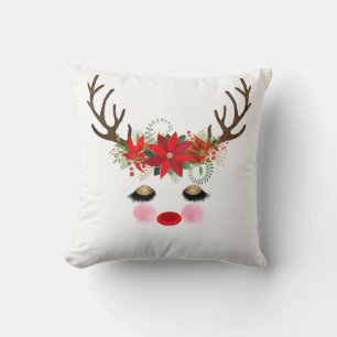 Rosy Cheeks Gold Eyes Floral Reindeer Holiday Kussen