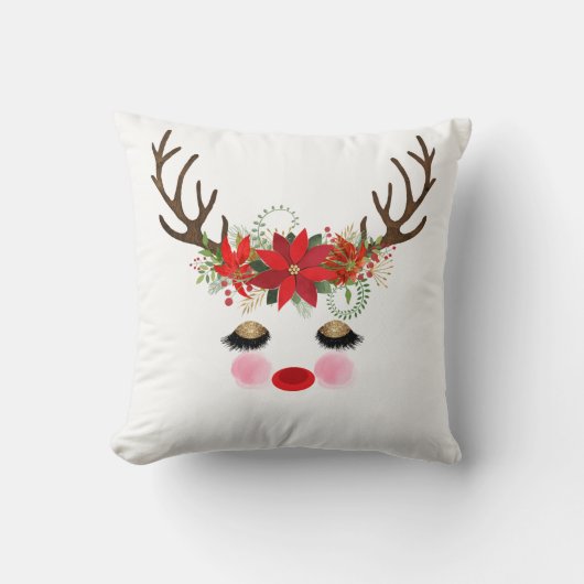 Rosy Cheeks Gold Eyes Floral Reindeer Holiday Kussen (Voorkant)