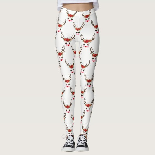 Rosy Cheeks Gold Eyes Floral Reindeer Holiday Leggings (Voorkant)