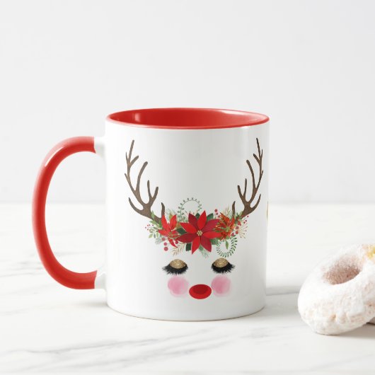 Rosy Cheeks Gold Eyes Floral Reindeer Holiday Mok (Met donut)