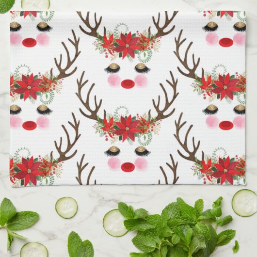 Rosy Cheeks Gold Eyes Floral Reindeer Holiday Theedoek (Gevouwen)