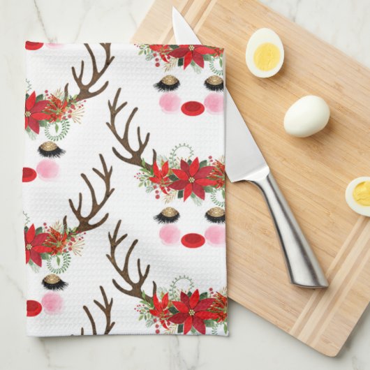 Rosy Cheeks Gold Eyes Floral Reindeer Holiday Theedoek (Quarter Fold)