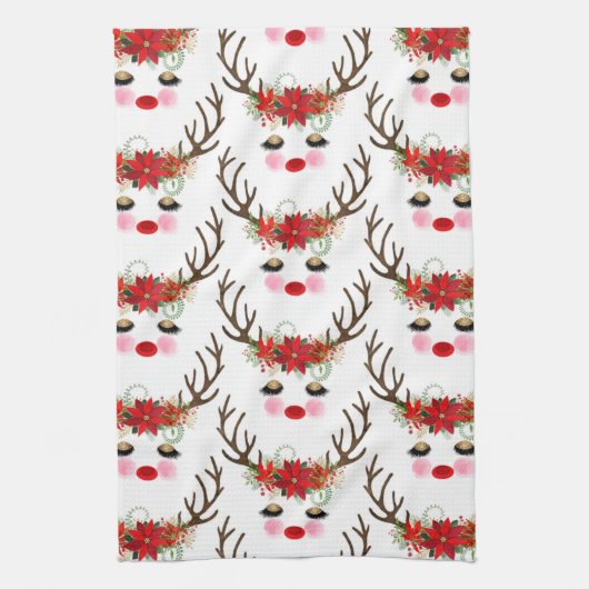 Rosy Cheeks Gold Eyes Floral Reindeer Holiday Theedoek (Verticaal)