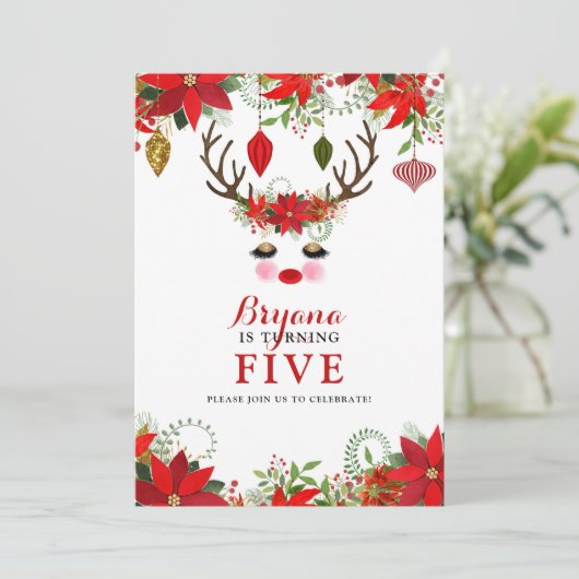 Rosy Cheeks Gouden Ogen Rendier VERJAARDAG PARTIJ Kaart (Staand voorkant)