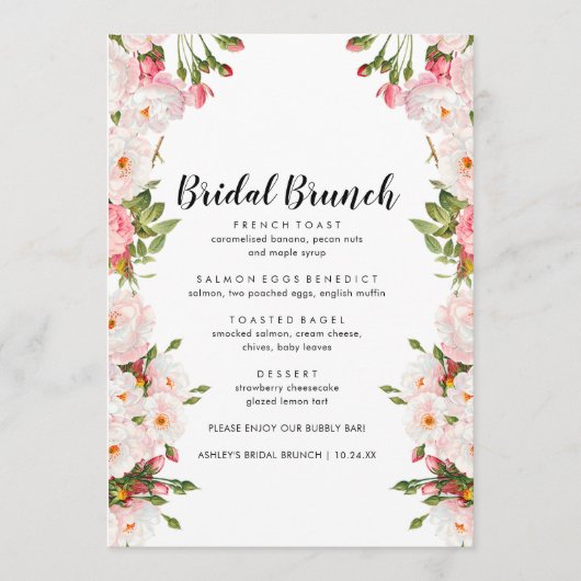 Rosy Floral Chic Bridal Brunch Menu (Voorkant)