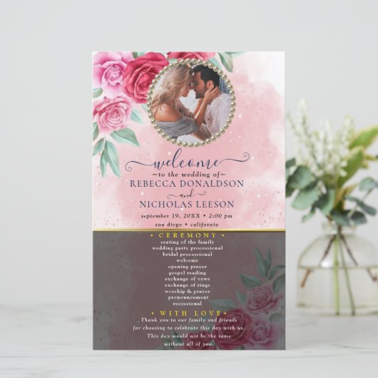 Rosy Floral Wedding Programme (Staand voorkant)
