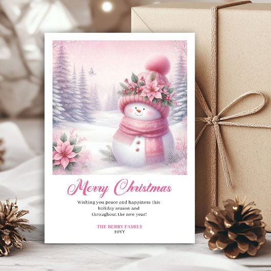 Rosy pink coquette snowman kids card digital edit feestdagenkaart