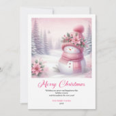 Rosy pink coquette snowman kids card digital edit feestdagenkaart (Voorkant)