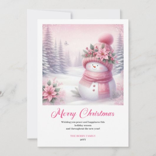 Rosy pink coquette snowman kids card digital edit feestdagenkaart (Voorkant)