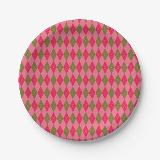 Rosy Pink en Green Girlie Argyle Pattern Papieren Bordje (Voorkant)