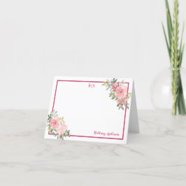 Rosy Pink Waterverf Floral Monogram Naam Bedankkaart