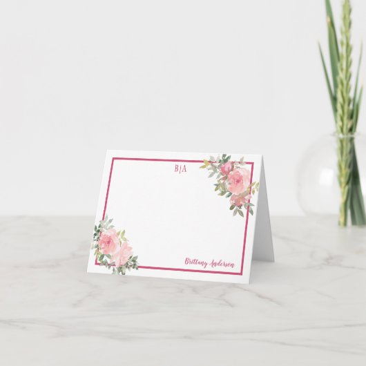 Rosy Pink Waterverf Floral Monogram Naam Bedankkaart (Voorkant)