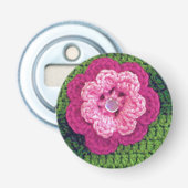 Rosy Roze Flower Natural Green Crochet Print Button Flesopener (Voorkant)