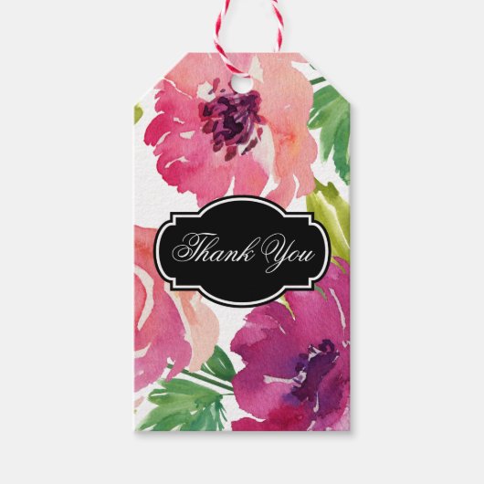 Rosy Roze Waterverf Bloemen Dank u Cadeaulabel (Voorkant)