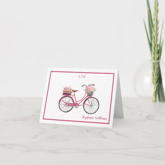 Rosy Roze Waterverf Bloemen Fiets Monogram Bedankkaart (Voorkant)