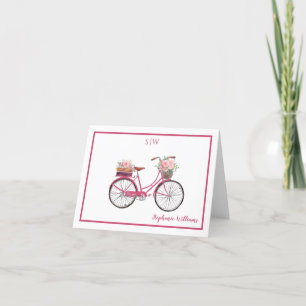 Rosy Roze Waterverf Floral Bicycle Monogram Bedankkaart