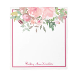 Rosy roze Waterverf Floral Name personaliseren Notitieblok
