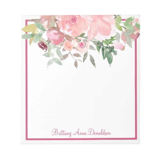 Rosy roze Waterverf Floral Name personaliseren Notitieblok (Voorkant)