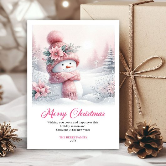 Rosy snowy pink snowman kids card digital editable feestdagenkaart