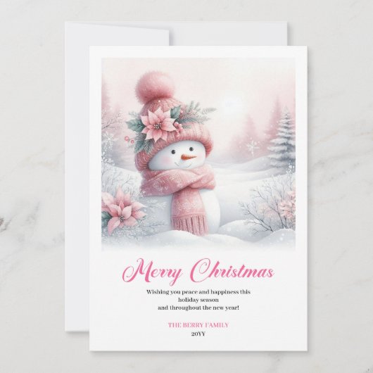 Rosy snowy pink snowman kids card digital editable feestdagenkaart (Voorkant)