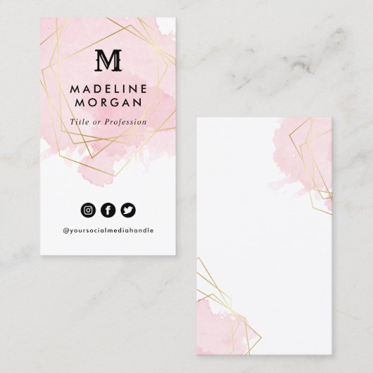 Rosy Waterverf Faux Gold Geometric Social Media Visitekaartje (Voorkant / Achterkant)
