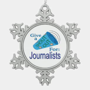 Rot op voor journalisten tin sneeuwvlok ornament