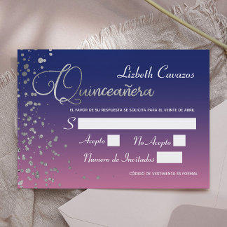 Rotal Blue Paarse Silver Confetti Quinceanera RSVP Kaart