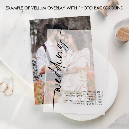 Rotated Calligraphy Zwarte tekst bruiloft Vellum Uitnodigingen