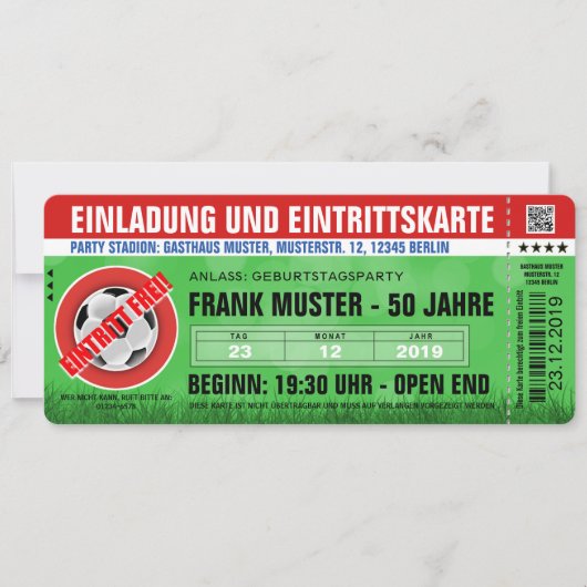 rote Einladung und Eintrittskarte (Fußball-Ticket) Kaart (Voorkant)