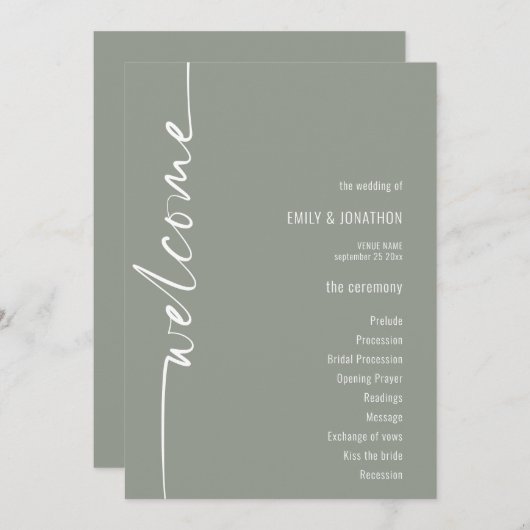 Roterende kalligrafie Sage Groen Huwelijksprogramm Kaart (Voorkant / Achterkant)
