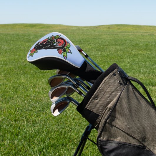 Roterende zwarte panther en bloeiende rozen golfheadcover (Insitu)