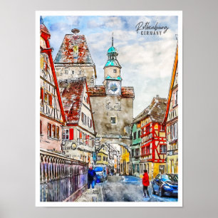 Rothenburg Duitsland vintage reis waterverf Poster