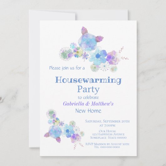 Rotische Blauwe Floral Waterverf Housewarming Part Kaart (Voorkant)