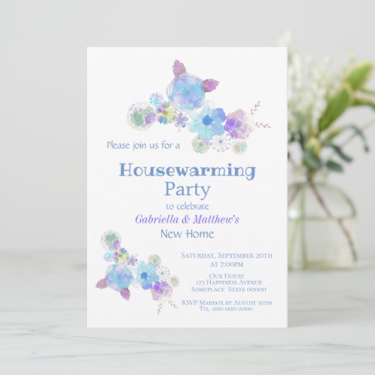 Rotische Blauwe Floral Waterverf Housewarming Part Kaart (Staand voorkant)