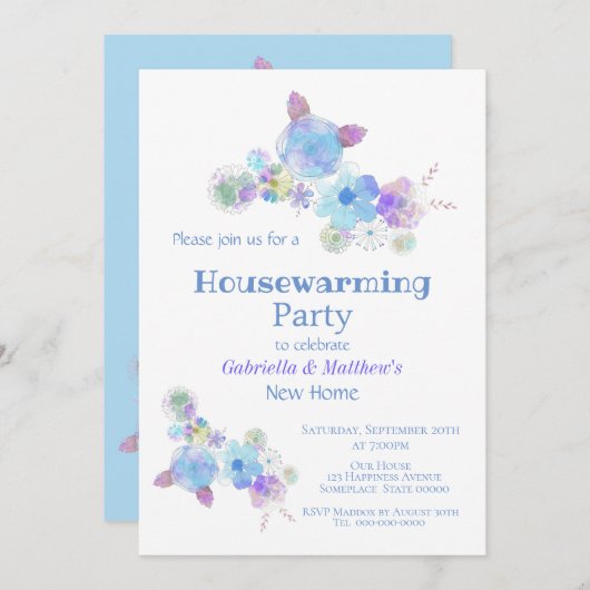 Rotische Blauwe Floral Waterverf Housewarming Part Kaart (Voorkant / Achterkant)