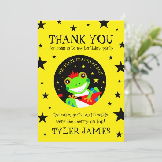 Rotkin' Birthday Tree Kikker met Red Guitar Bedankkaart (Staand voorkant)