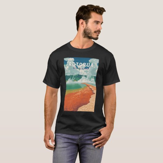 Rotorua Nieuw-Zeeland Illustratie Reizen Art Retro T-shirt (Voorkant volledig)