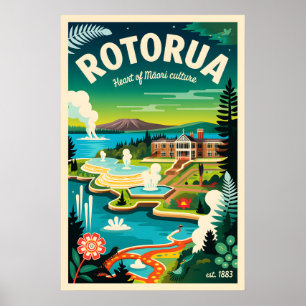 Rotorua Nieuw-Zeeland Retro Reisposter Kunst Poster