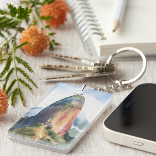 Rots van Guatape El Penon Colombia Waterverf Sleutelhanger (Voorkant Rechts)