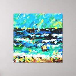 rotsachtig strand met golven canvas afdruk