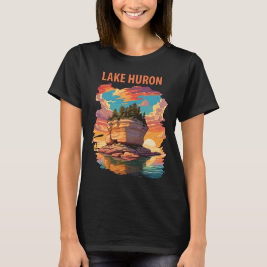 Rotsformatie in Lake Huron Retro Reis T-shirt (Voorkant)