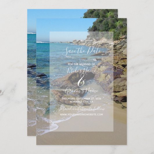 Rotswedding op het strand Sla de datum op Save The Date (Voorkant / Achterkant)