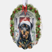 Rottie Hond in Santa Hat Voordeur Kerstmis Ornament Kaart (Links)