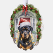 Rottie Hond in Santa Hat Voordeur Kerstmis Ornament Kaart (Links)